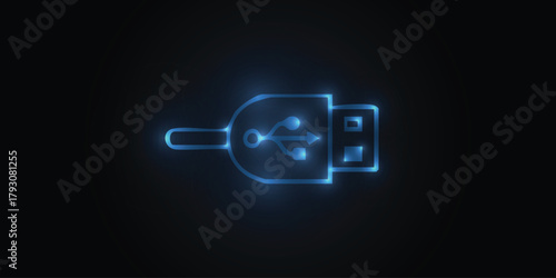 Glowing neon USB Micro cables icon on brick wall background. Connectors and sockets for PC and mobile devices. Computer peripherals connector or smartphone recharge supply