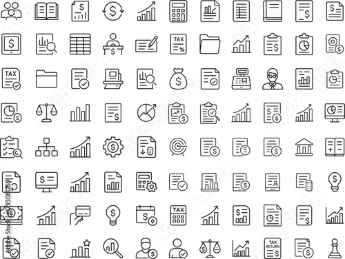 Set of business and finance line icons contains icons as people report money document profit chart graph diagram success