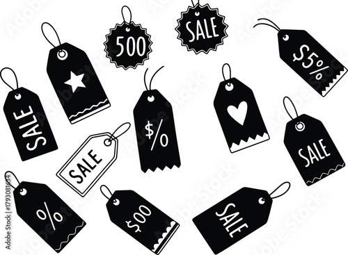 Black and white sale tags with different prices and shapes vector