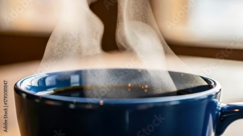 Closeup of a blue mug filled with steaming coffee on a blurred background