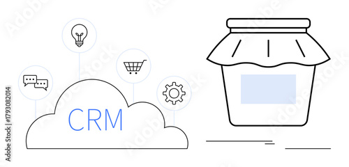 CRM cloud with icons for communication, shopping, settings, and ideas alongside a simple jam jar. Ideal for business, marketing, retail, technology, integration management and digital