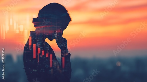 A silhouette of a woman against a sunset, contemplating with financial graphs overlay, symbolizing stress or decision-making in business.