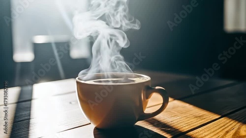 Steaming coffee in a yellow mug on a wooden table with sunlight shining through