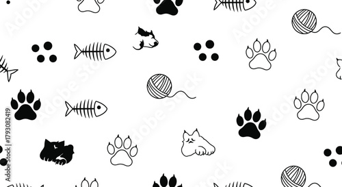 Seamless Pattern with Cat Paw Prints, Fish Bones, Yarn Ball on White Background