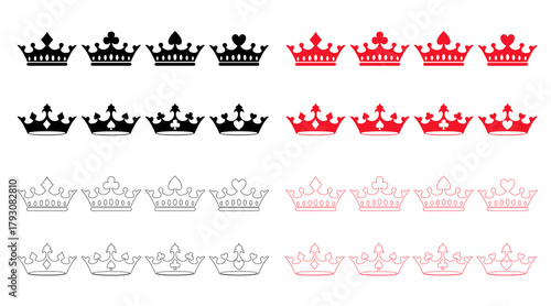 Crown vector collection, with playing card symbols. Black and red crown silhouettes, isolated on a white background, symbolize power and royal luxury.