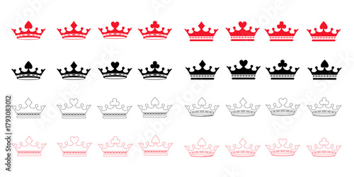 Crown vector collection, with playing card symbols. Black and red crown silhouettes, isolated on a white background, symbolize power and royal luxury.