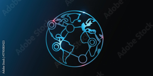 Neon global network globe on dark gradient — connected world map with nodes and lines, digital technology, internet, IoT, data connectivity background