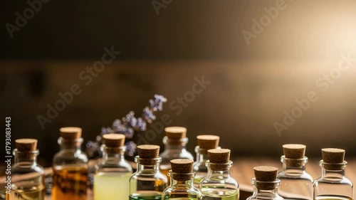 Aromatic essential oils in glass bottles with cork stoppers on wooden tray