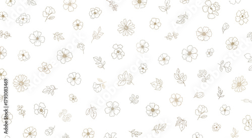 Seamless Pattern with Light Brown Flowers and Leaves on White Background. Elegant Floral
