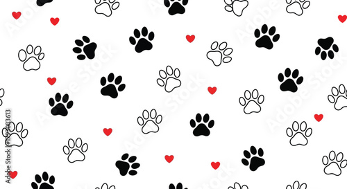 Seamless Pattern with Outline and Solid Paw Prints, Red Hearts on White Background