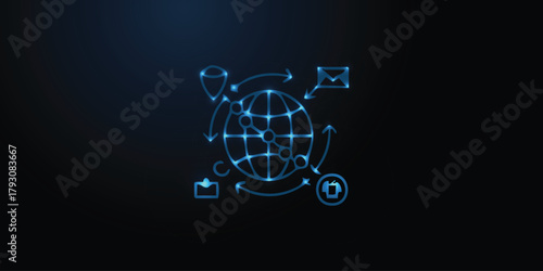 Neon global network on dark – glowing world map with nodes, arrows, email and location icons, digital connectivity, communication, IoT data flow