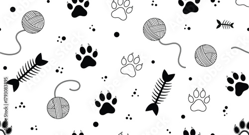 Seamless Pattern with Paw Prints, Yarn Balls, Fish Bones on White Background, Cute Design