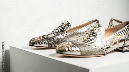 Elegant silver loafers with intricate floral designs