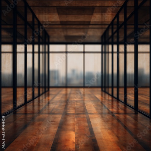 A modern interior space featuring glass walls and wooden flooring, illuminated by natural light, creating a spacious and minimalist atmosphere.