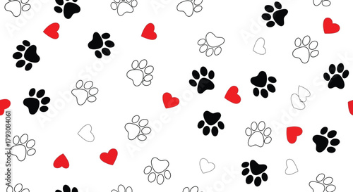 Seamless Paw Prints and Red Hearts on a White Background Pattern Cute Design