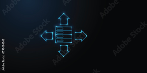 Neon server with four arrows data distribution icon on dark — glowing blue line art of network routing, load balancing, CDN, data flow background