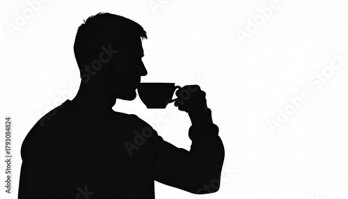 black silhouette vector of a man drinking a cup of coffee, white background