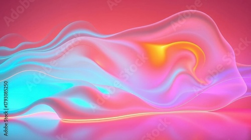 Fototapeta Naklejka Na Ścianę i Meble -  3D abstract background of a cave-like interior with undulating, sculpted walls, illuminated by glowing neon blue and magenta light strips and fog.