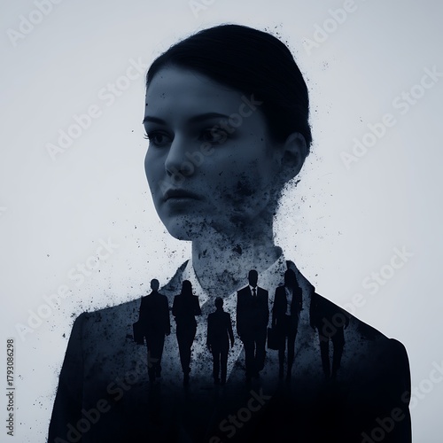 A striking double exposure image featuring a woman's face intertwined with silhouettes of business figures, conveying themes of ambition and identity.