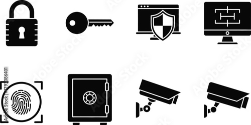 Security Icons Padlock, Key, Monitor, Surveillance Camera on Transparent Background
