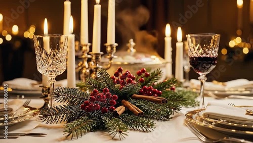 A beautifully decorated Christmas dinner table with lit candles and festive centerpieces.