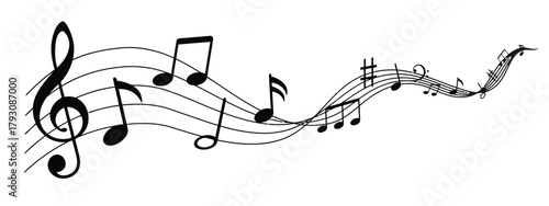 music, notes, musical, stave, staff, treble clef, melody, rhythm, sound, song, composition, sheet music, black, white, flowing, wavy, dynamic, artistic, creative, graphic, illustration, symbol, audio,