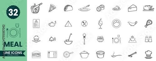 Meal Line Icons Set 32 Food and Dining Outline Vector Symbols