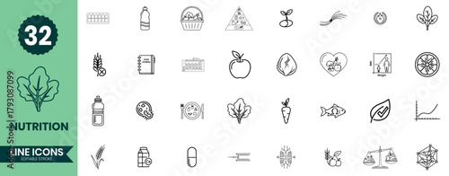 Nutrition Line Icons Set 32 Healthy Food and Diet Vector Symbols
