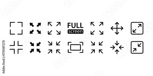 full screen, expand, collapse, resize, arrow, icon, symbol, interface, ui, ux, technology, computer, display, screen, maximize, minimize, zoom, in, out, direction, movement, graphic, design, set, coll