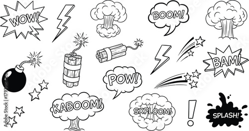 Set of Black Outline Comic Style Explosion Elements on Transparent Background