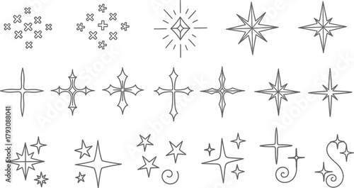 Set of Decorative Line Art Stars and Crosses Collection on a Transparent Background