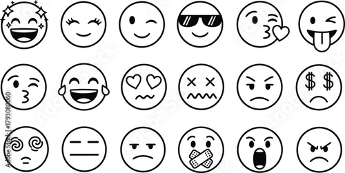 Set of diverse outline emojis displaying various emotional expressions on a white backdrop