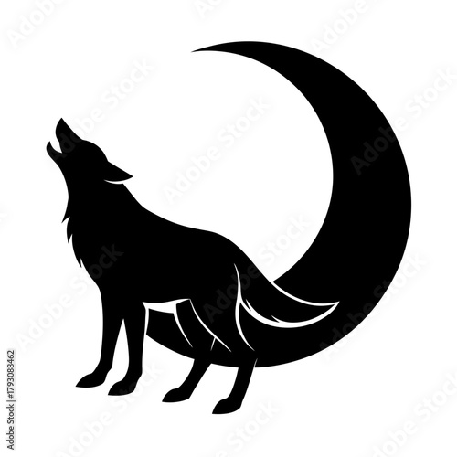 a howling wolf under a crescent moon vector art.
