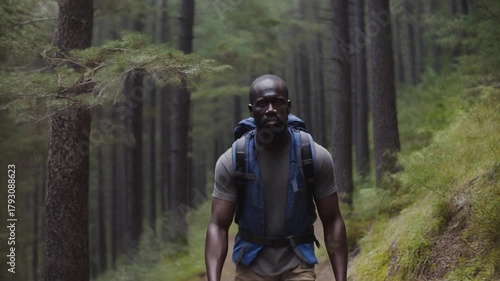 A camouflage uniform warrior and armed knight riding a horse through the forest while wearing a protection helmet and aiming a weapon like a military sniper