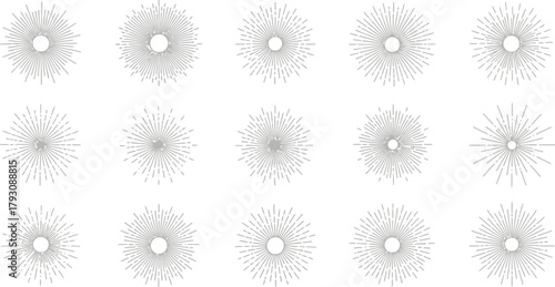 Set of Fifteen Gray Sunbursts with Hollow Centers on a White Background Pattern