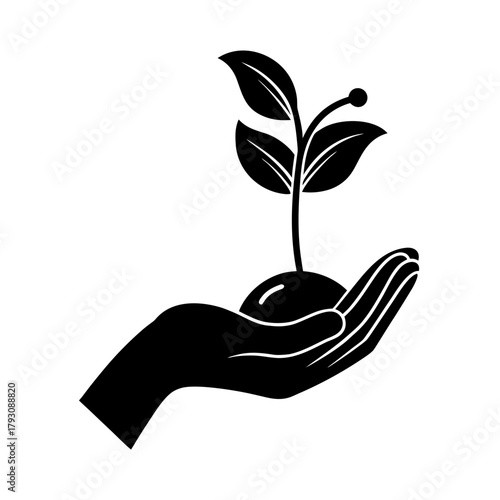 a stylized human hand holding a sprouting seed vector art