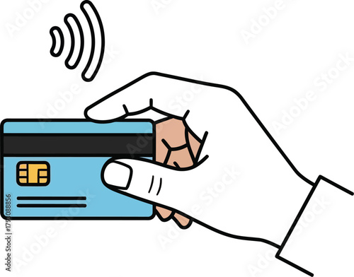 Hand holding credit card with contactless payment, line illustration