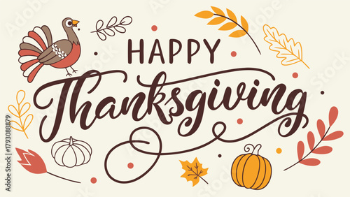 Whimsical Thanksgiving poster layout featuring creative lettering shaped like a turkey’s tail feathers, decorated with fall colors and seasonal motifs