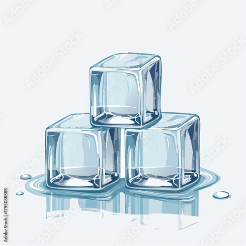 Three Clear Ice Cubes Stacked Together Melting on a White Surface with Water Droplets and Reflections