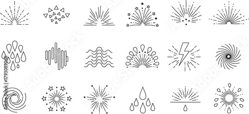Set of Geometric Line Icons, Triangle Shape, Waves, Sparkles, Drop Symbols, Thunder, Swirls