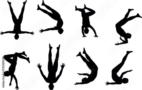 Falling and floating human silhouettes, multiple people in dynamic poses, black figures on white background, acrobatic dance, vector-style composition set