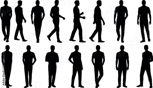 Silhouette of men standing and walking in different poses, human posture collection, black shadow male figure isolated on white background illustration