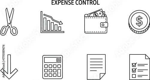 Expense control line icons for budgeting and savings