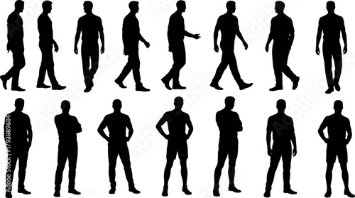 Silhouette of men walking, standing, posing in various positions, isolated on white background, modern vector illustration for design and presentation.