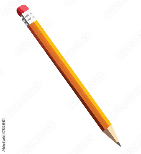 pencil, writing, drawing, stationery, office supply, school supply, tool, object, isolated, white background, yellow, orange, red, graphite, lead, wood, eraser, sharpened, pointed, angled, single, ill