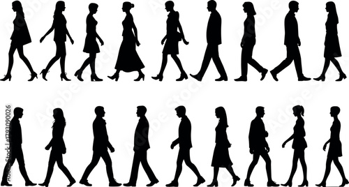 Women walking silhouettes collection, diverse female figures movement, professional casual poses, vector isolated white background