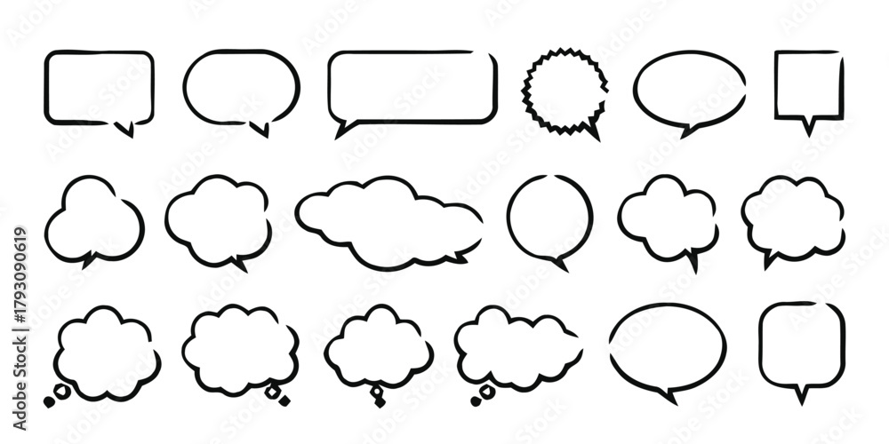 Fototapeta premium speech bubble, thought bubble, chat, dialogue, communication, talk, message, comment, quote, blank, empty, cloud, shape, icon, set, collection, hand drawn, sketch, doodle, outline, black, white backgr