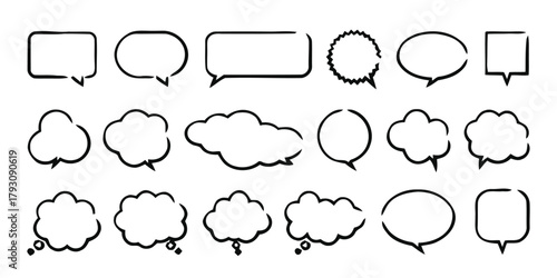 speech bubble, thought bubble, chat, dialogue, communication, talk, message, comment, quote, blank, empty, cloud, shape, icon, set, collection, hand drawn, sketch, doodle, outline, black, white backgr