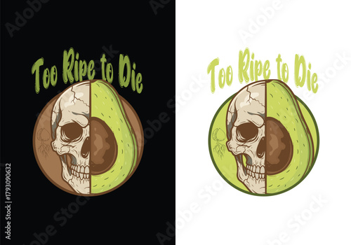 Halloween or Spooky Avocado Vector Art - Half Skull Half Fruit Illustration for Merch.