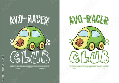 Kawaii Racing Car Mascot Graphic - Avocado Vehicle Club Logo for Apparel and Merch.